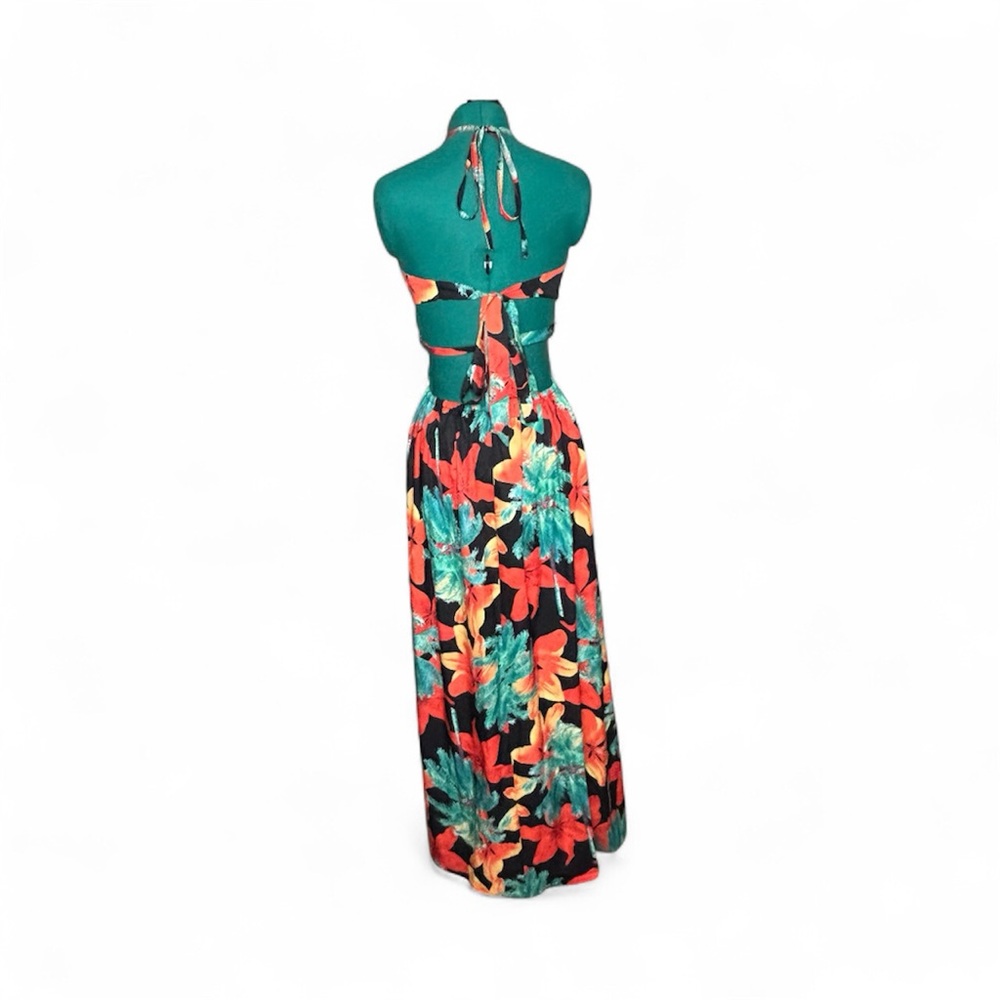 Tropical Halter Maxi Dress Backless Waist Chain Split Thigh - Picture 8 of 13